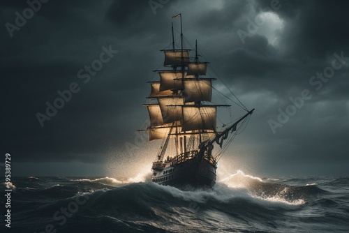 Sailing vessel battling a fierce tempest with lightning flashing in the background. Generative AI © Leandro
