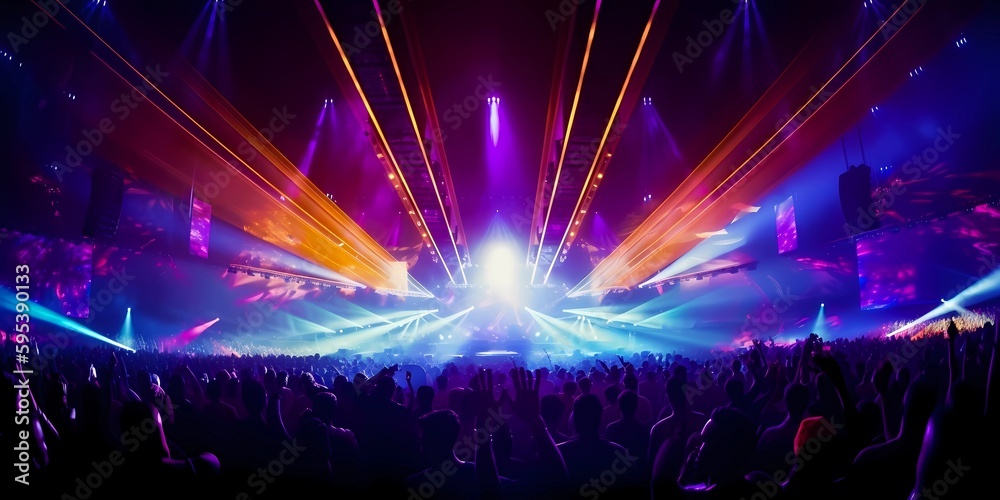 Panorama live music concert crowd and audience with beams light show and concert lighting. Edm electronic techno music festival or rock show performance with crowded people silhouette. Generative AI Panorama live music concert crowd and audience with beams light show and concert lighting. Edm electronic techno music festival or rock show performance with crowded people silhouette. Generative AI