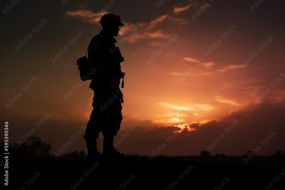 Silhouette of a soldier in war at sunset.