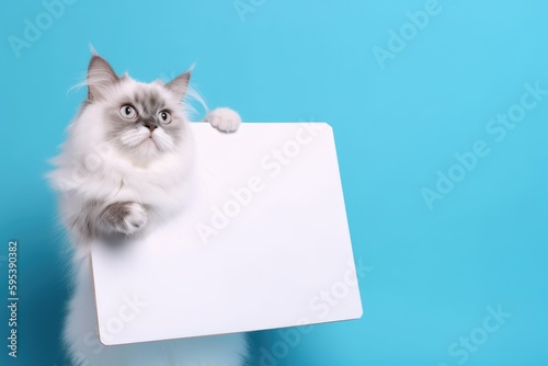 Cat with blank sign, white poster with blank copy space. Generative AI.