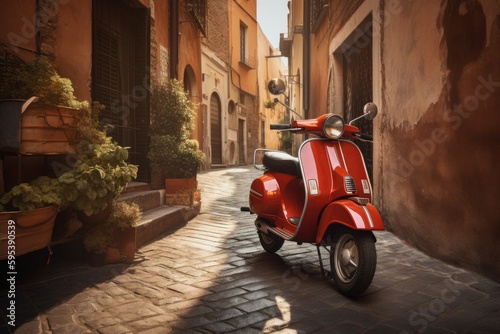 Italy travel poster with scooter on the street. Generative AI.