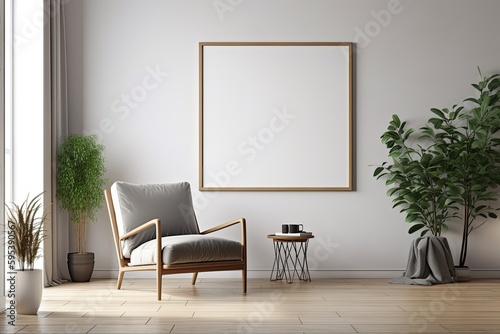 Modern living room with blank picture frame. Generative AI.