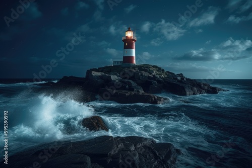 Lighthouse on the rocks with rough seas. 
