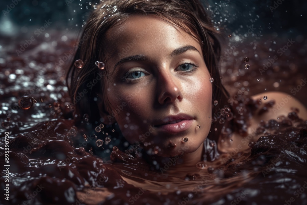 Woman swimming in chocolate liquid. Generative AI. Woman swimming in chocolate liquid. Generative AI.