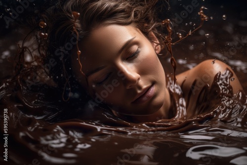 Woman swimming in chocolate. Generative AI.