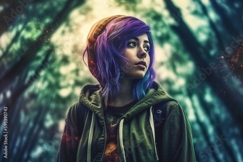 a girl with colorful dyed hair runs through the forest created with Generative AI technology