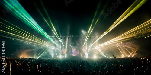 Panorama live music concert crowd and audience with beams light show and concert lighting. Edm electronic techno music festival or rock show performance with crowded people silhouette. Generative AI