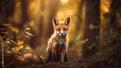 Baby fox in sunny forest generative ai © Hixel