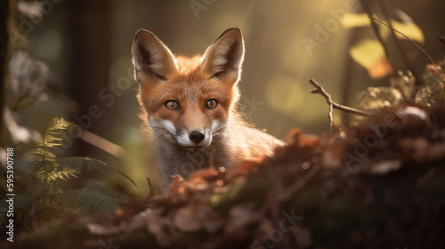 Baby fox in sunny forest generative ai