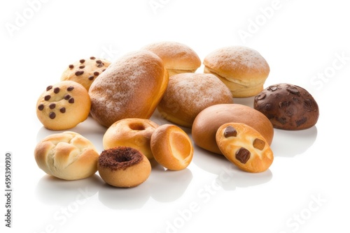 colorful assortment of freshly baked doughnuts piled high on a white table. Generative AI