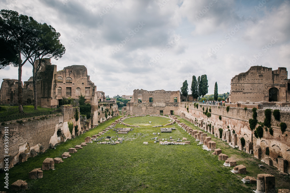 Fototapeta premium View of the Roman Forum and Rome, Italy on a Cloudy Day