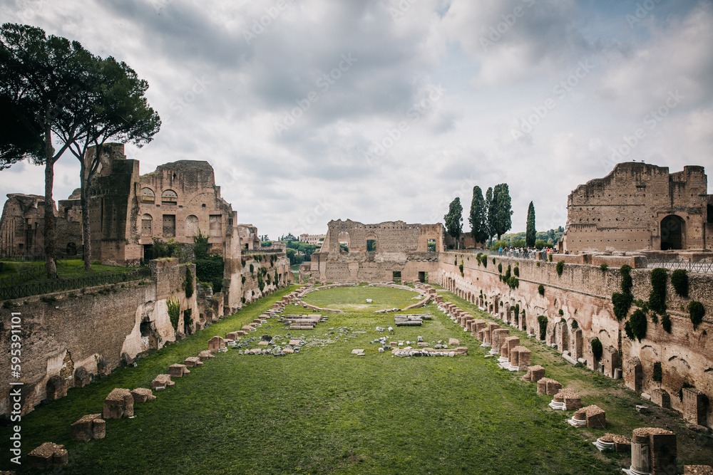 View of the Roman Forum and Rome, Italy on a Cloudy Day