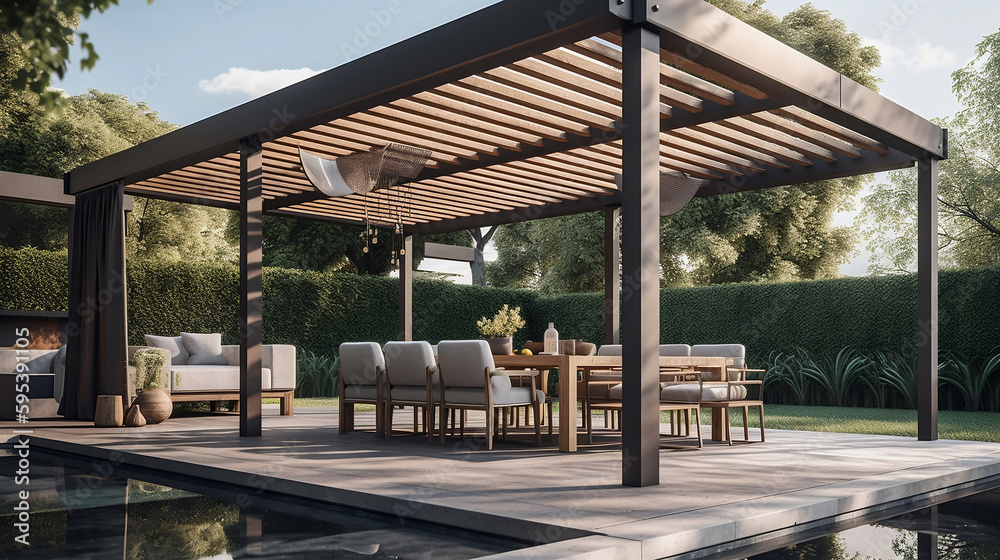 Modern patio furniture include a pergola shade structure, an awning, a patio roof, a dining table, seats, and a metal grill. Generative AI.