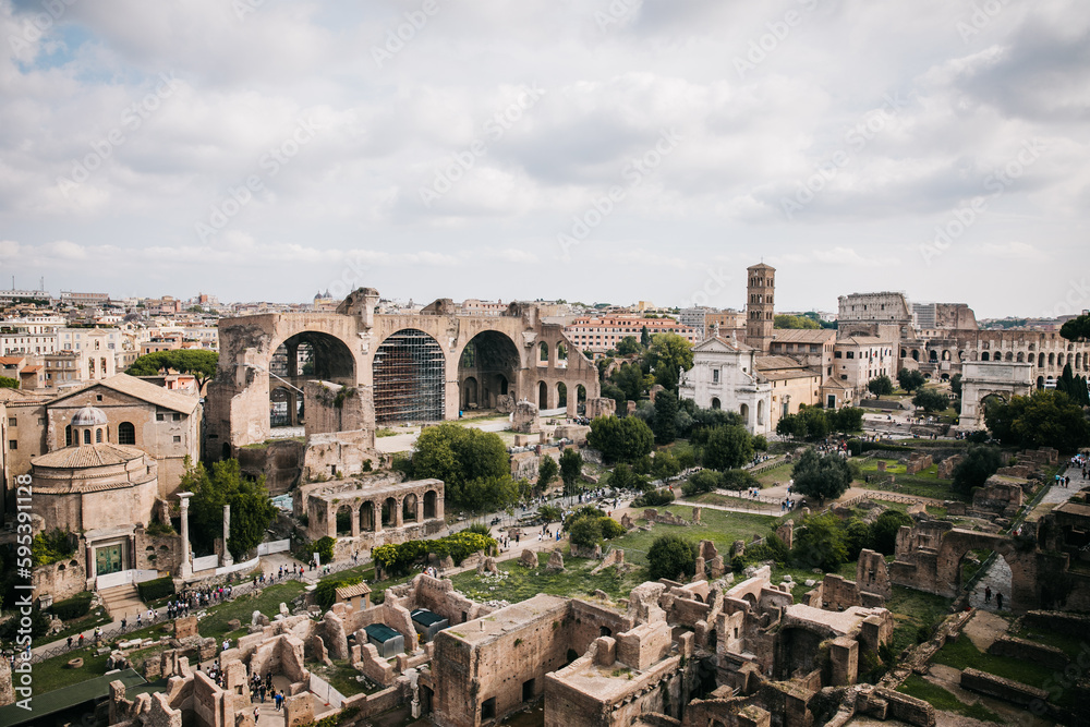View of the Roman Forum and Rome, Italy on a Cloudy Day