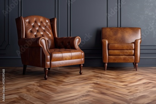 two brown leather chairs placed on a wooden floor. Generative AI