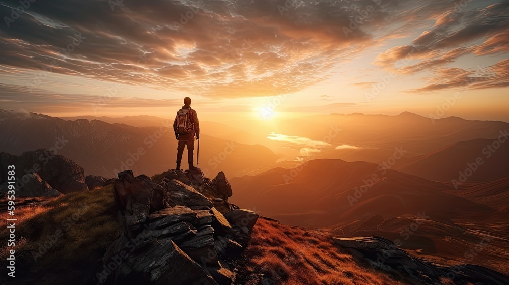 Fototapeta premium Man on top of the mountain Generative AI