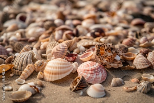 many different shells lying in the sand created with Generative AI technology