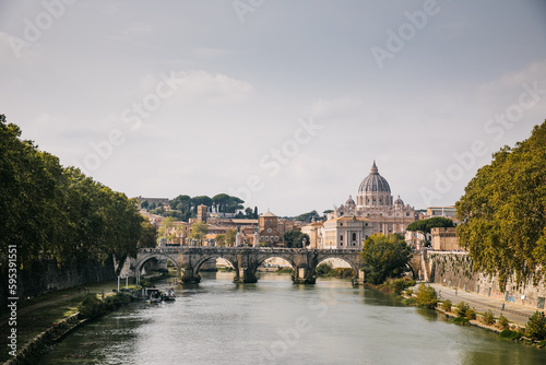 Looking out at the View of the Tiber river in Rome, Italy on an overcast day