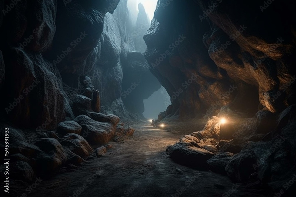 An amazing and dreamlike terrain on an alien world with rocky formations and a mysterious tunnel. Rendered in 3D. Generative AI