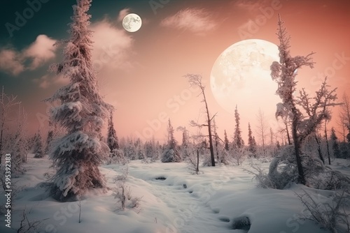 winter forest under a full moon. Generative AI