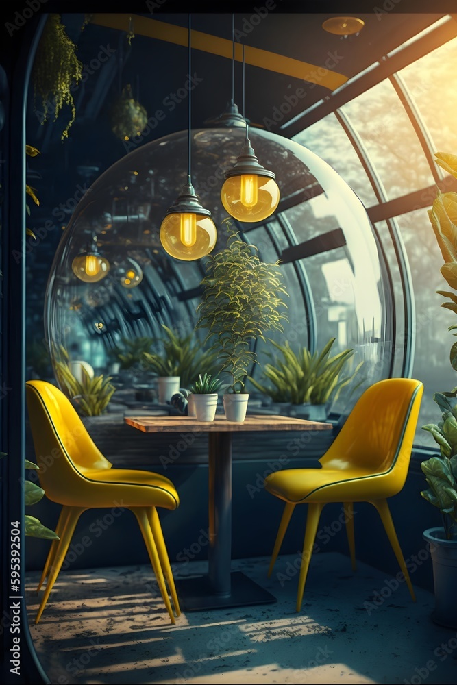 Solarpunk Chair award winning photography of futuristic cafe modern clear transparent ...