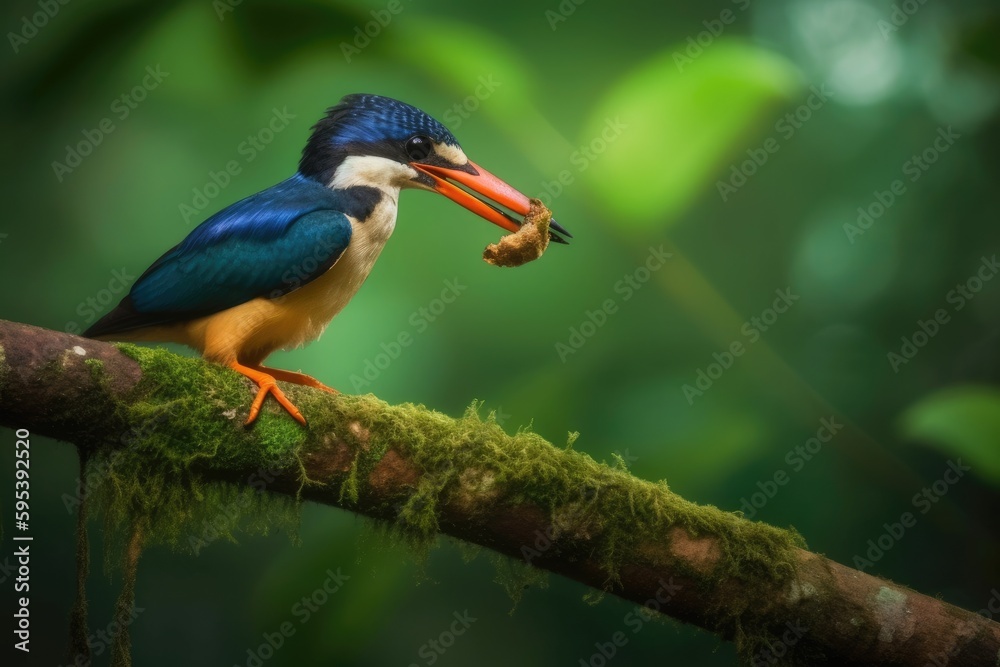 Fototapeta premium bird perched on a branch with a fish in its beak. Generative AI
