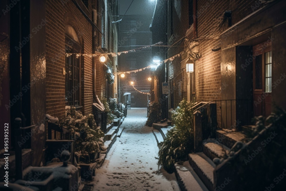 Nighttime alley blanketed in snow. Generative AI