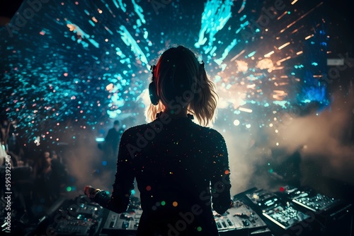 Dj in nightclub scene with lights and lasers. Woman Female  Shot from behind. Energy performer show in discotech over the audience and crowd. EDM night scene of electronic music festival Generative AI