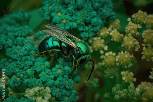 vibrant green fly perched on a lush green flower. Generative AI © 2rogan