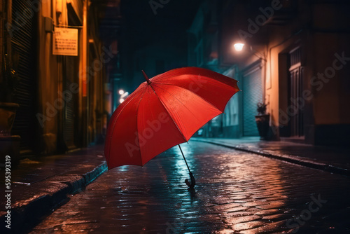 red umbrella on a dark foggy night in the light of a lantern in the rain. generative AI © Margo_Alexa