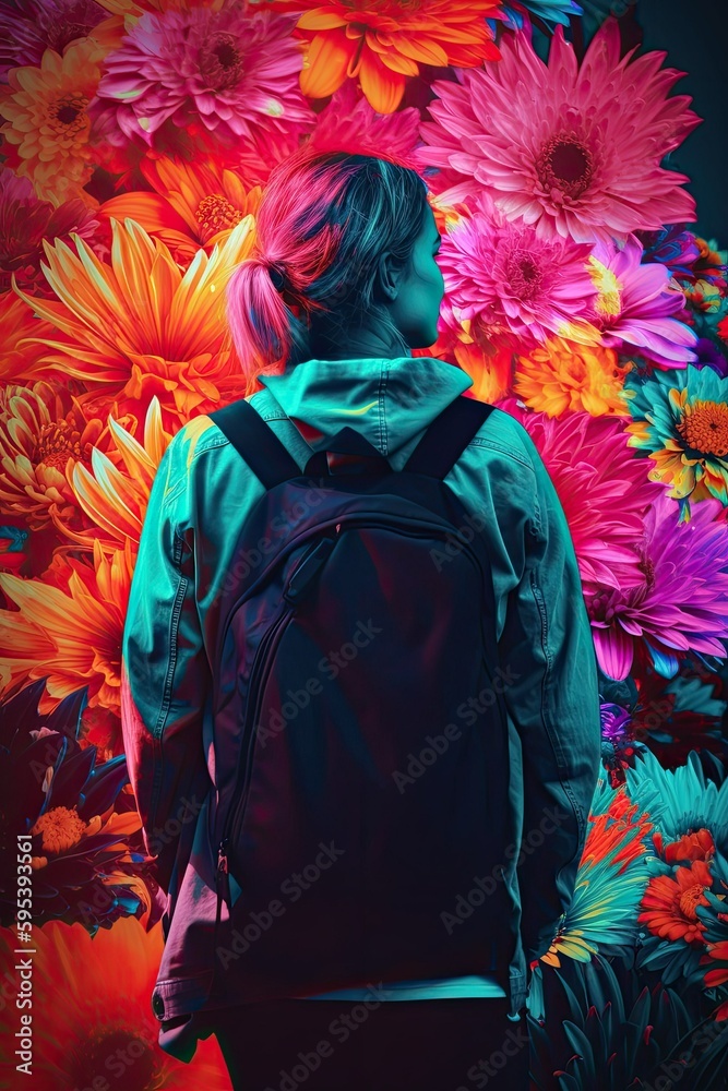 Fototapeta premium Woman carrying a backpack and contemplating a field of gerbera daisy with different vibrant colors