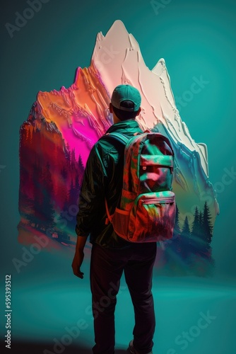 Backpacker standing in front of a tall colorful mountain, generative ai illustration © ITZELL