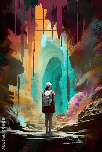 Woman crossing a colorful cave with beautiful light, generative ai illustration