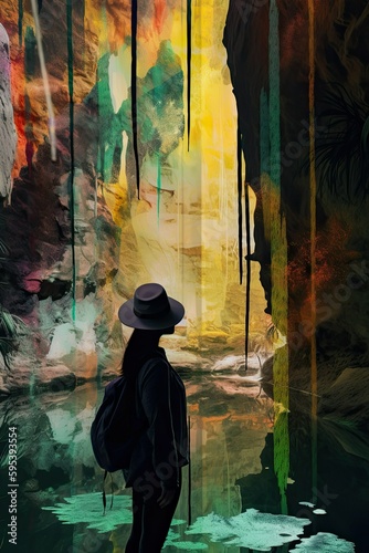 Traveler discovering a cenote inside a cave with frangmented reality