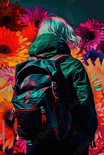 Woman carrying a backpack and contemplating a field of gerbera daisy with vibrant colors