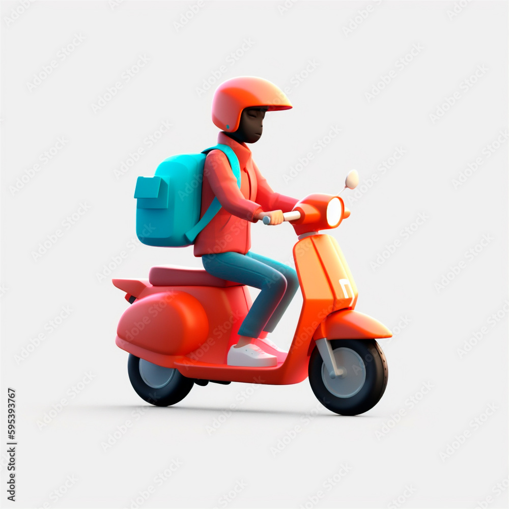 Delivery man riding moped scooter. 3D icon cartoon style isolated on white background. AI generated Delivery man riding moped scooter. 3D icon cartoon style isolated on white background. AI generated