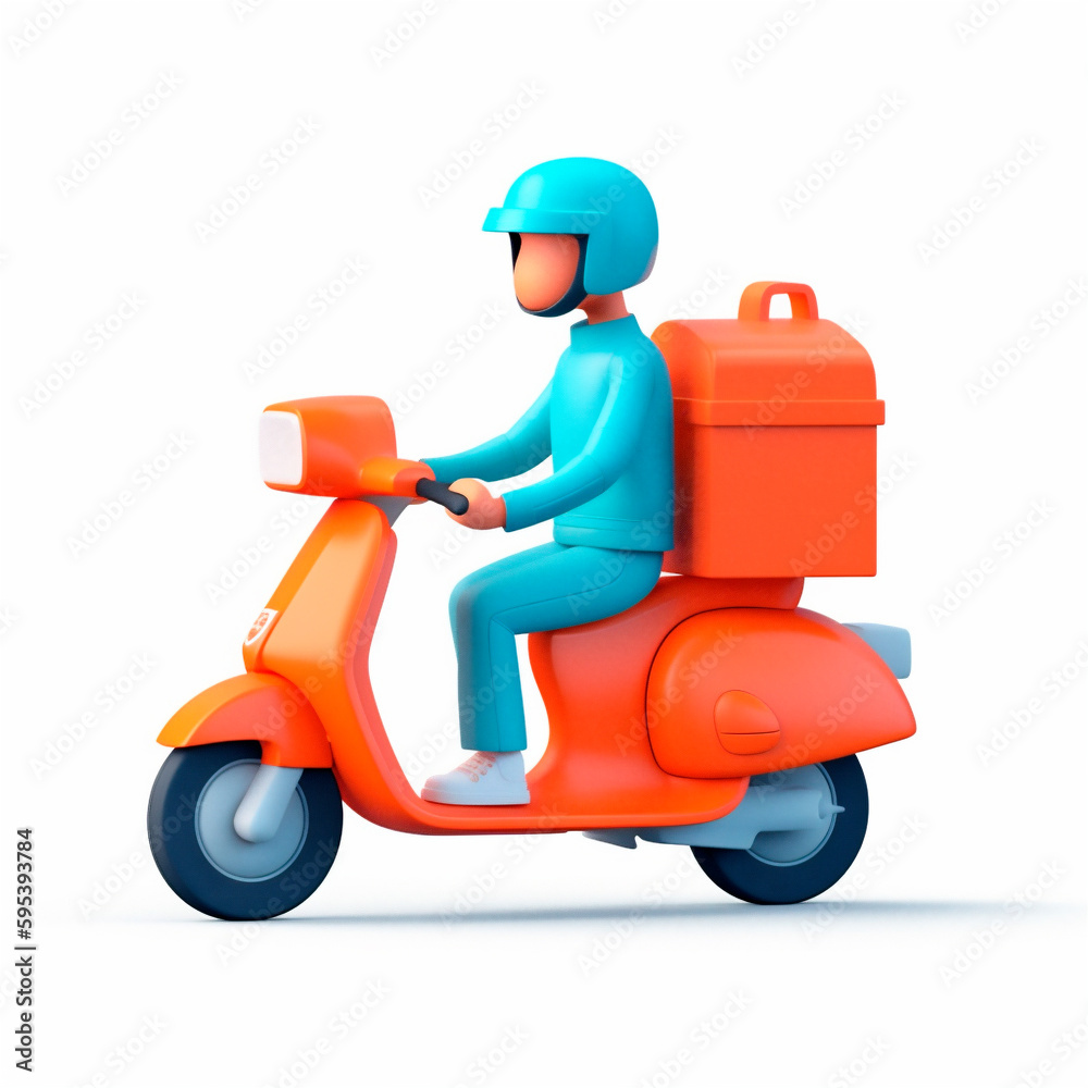 Delivery man riding moped scooter. 3D icon cartoon style isolated on white background. AI generated Delivery man riding moped scooter. 3D icon cartoon style isolated on white background. AI generated