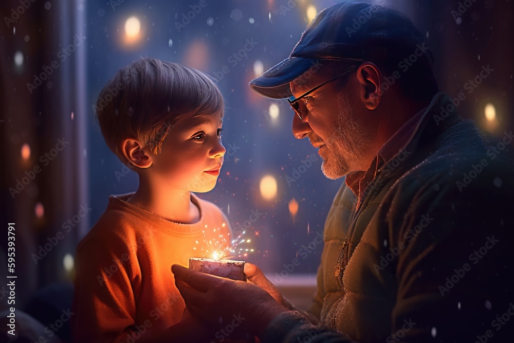 Father's day. Dad with child, Happy time with family, Celebrate a birthday. Good relationship between parent and kids. Generation, age, nostalgia. Smile love, enjoy, laugh. Fathers day. Generative AI.