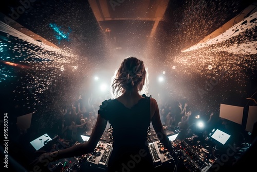 Dj in nightclub scene with lights and lasers. Woman Female Shot from behind. Energy performer show in discotech over the audience and crowd. EDM night scene of electronic music festival Generative AI