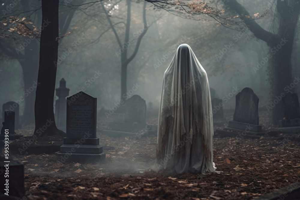 a ghost stands in a foggy cemetery created with Generative AI technology a ghost stands in a foggy cemetery created with Generative AI technology