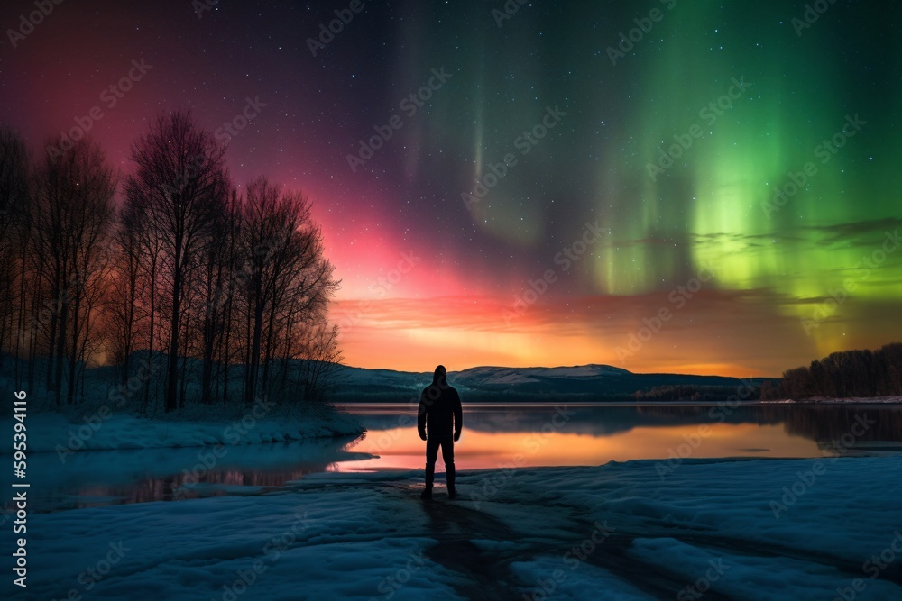 Fototapeta premium a man stands in the snow and looks at the polar lights created with Generative AI technology