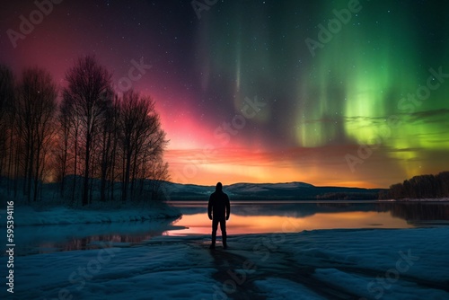 a man stands in the snow and looks at the polar lights created with Generative AI technology