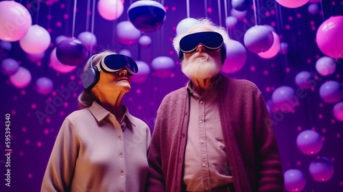 Senior couple in vr headset exploring metaverse world  bright boke background. Generative AI