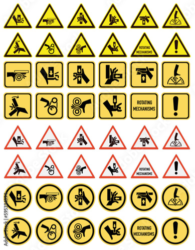Hand entrapment hazard signs. Hand tightening warning sign. EPS 10.