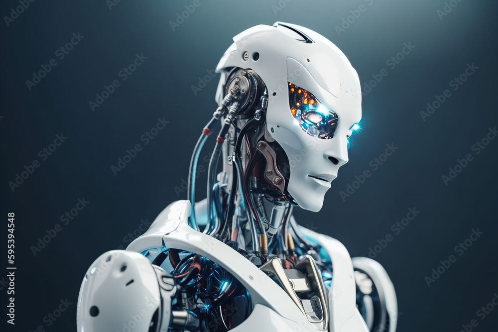 Robot, Android, Cyborg, Artificial Human, Artificial Intelligence, Half Man Half Machine, Semi Human, Artificial Human, Roboter, Bright Background. Generative AI