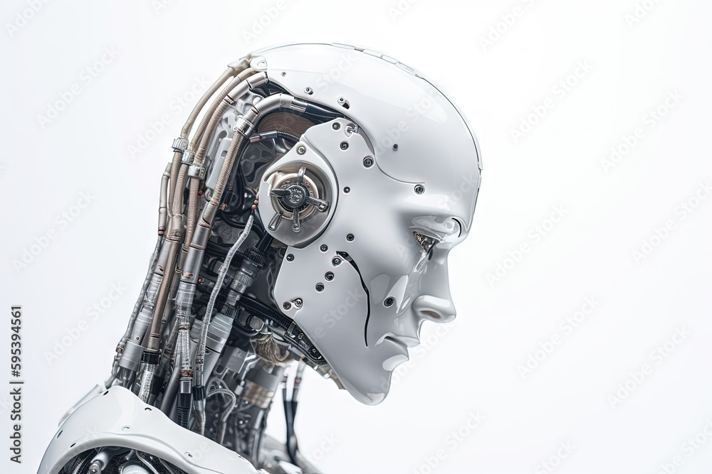 Robot, Android, Cyborg, Artificial Human, Artificial Intelligence, Half Man Half Machine, Semi Human, Artificial Human, Roboter, Bright Background. Generative AI Robot, Android, Cyborg, Artificial Human, Artificial Intelligence, Half Man Half Machine, Semi Human, Artificial Human, Roboter, Bright Background. Generative AI