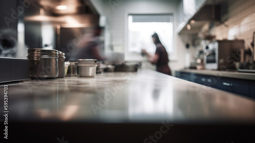 An empty kitchen counter. blurred people in the background Generative AI