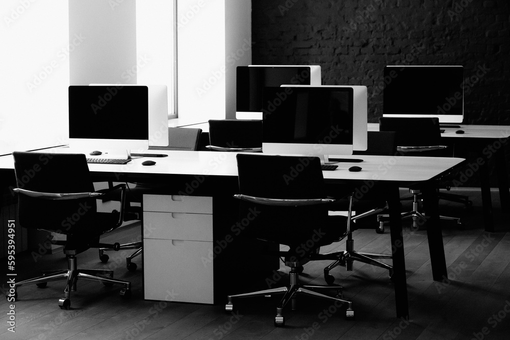 Stylish workspace with desktop computers, office supplies. desk work concept Stylish workspace with desktop computers, office supplies. desk work concept