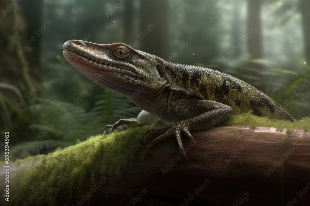 Naklejka premium lizard perched on a log in a forest setting. Generative AI