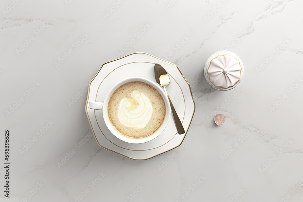 Coffee Cup on White Table Background Top View, Morning Coffee, Abstract Generative AI Illustration Coffee Cup on White Table Background Top View, Morning Coffee, Abstract Generative AI Illustration